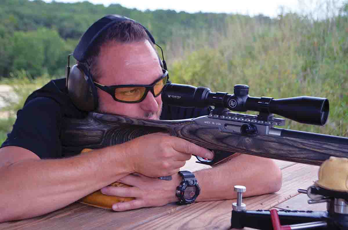Burt Reynolds, manager of the Top Gun Sportsman’s Club in Lonedell, Missouri, helped test loads with his Magnum Research MLR-1722. The scope is a Vortex Crossfire II 3-9x 40mm.
